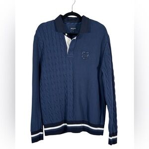 Eden Park Blue Cable Knit Rugby Sweater Mens L Preppy Cotton Luxury Collegiate